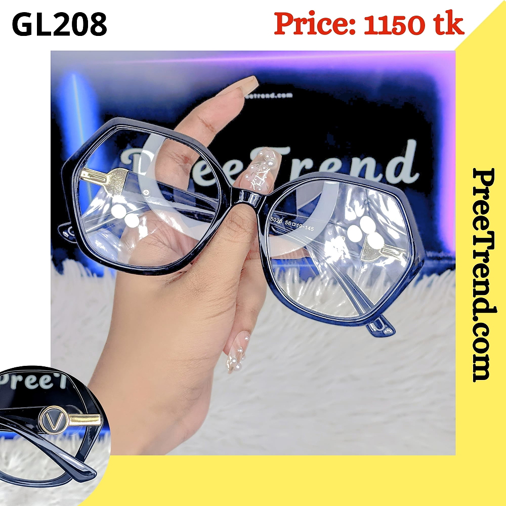 Glossy Black Hexagonal Plastic Frame Eyeglasses for Women & Men – GL208