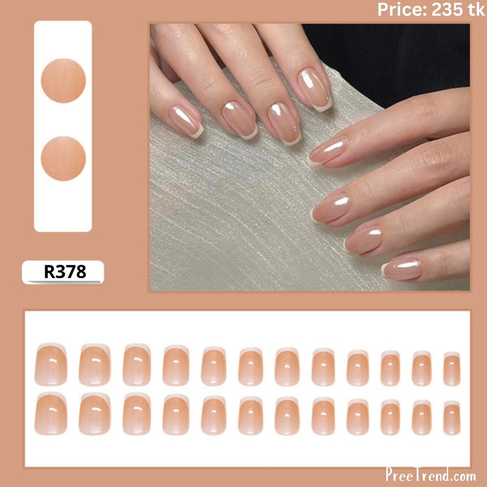 Glazed Chrome Finish Pearl Nude French Short Square Press On Nails (24 Pcs) - R378