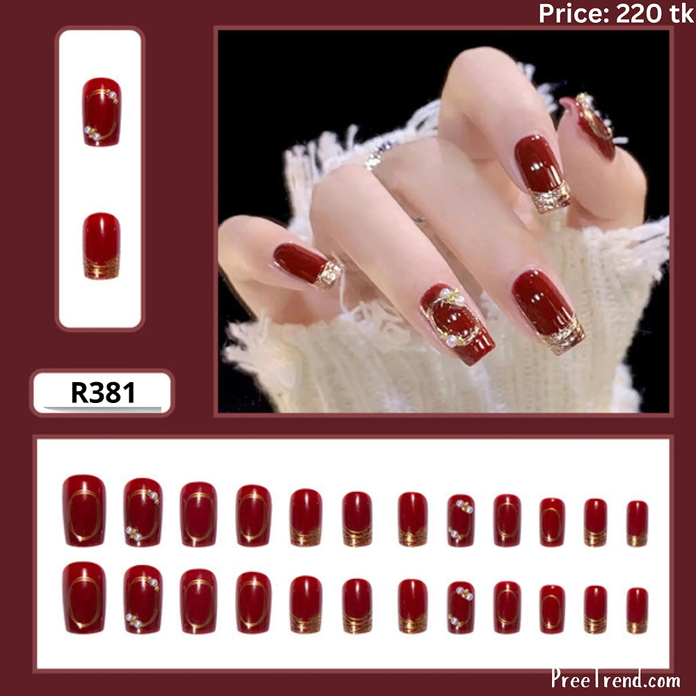 3D Gold Wire & Pearl Charm Royal Burgundy Short Square Press On Nails (24 Pcs) - R381