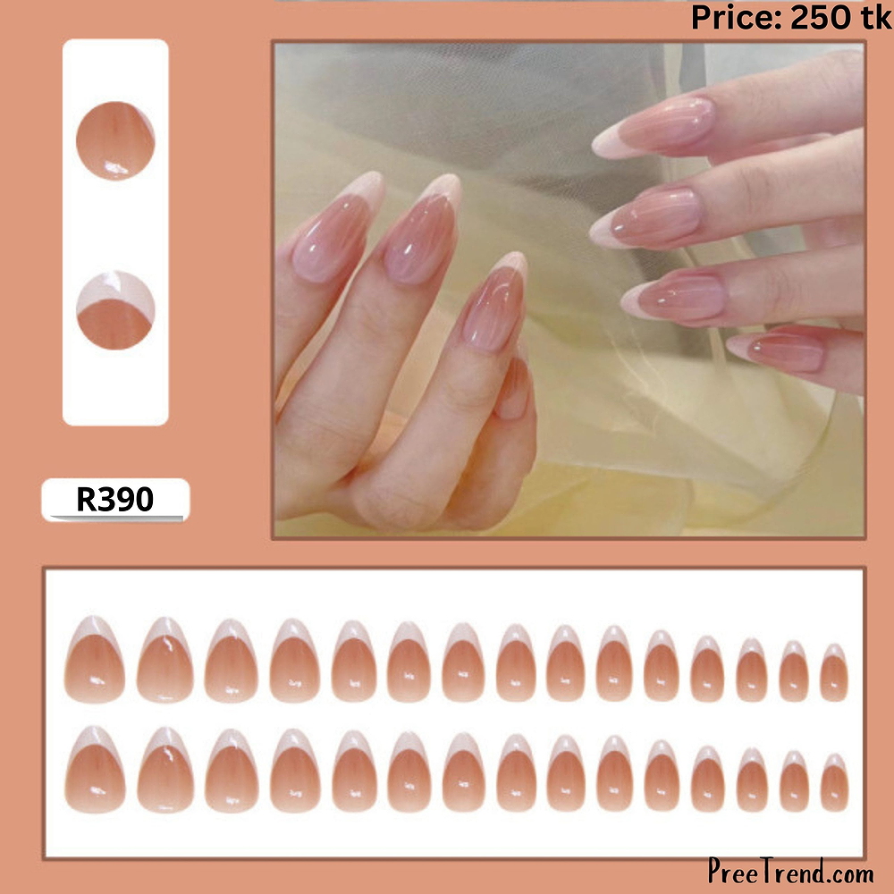 Printed Translucent Peach Nude Classic White French Tip Medium Almond Press On Nails (24 Pcs) - R390