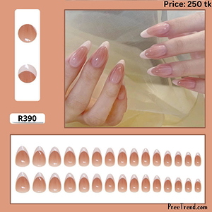 Printed Translucent Peach Nude Classic White French Tip Medium Almond Press On Nails (24 Pcs) - R390