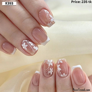 Printed White Botanical Floral Vine French Sheer Nude Short Square Press On Nails (24 Pcs) - R393