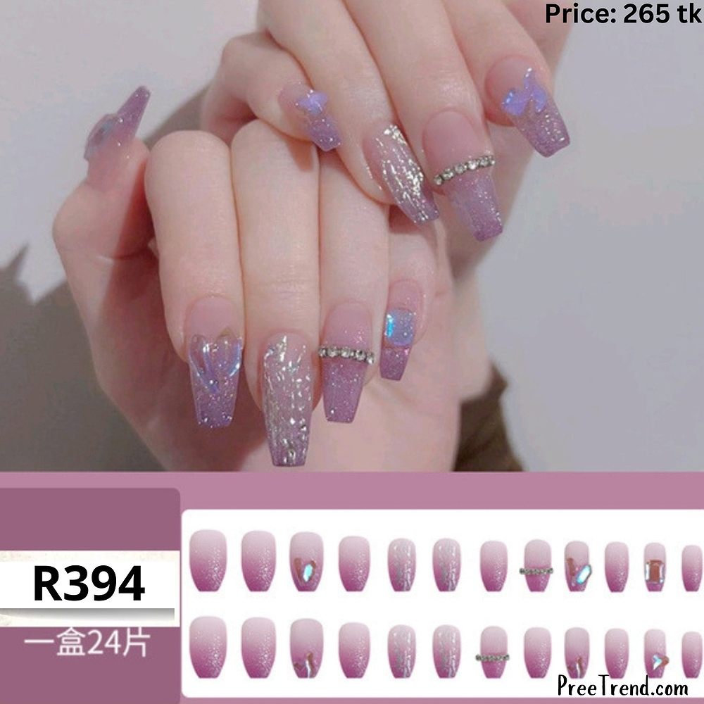 3D Rhinestone Band & Gem Pink Lavender Ombre Glitter Short Coffin Press On Nails (24 Pcs) - R394