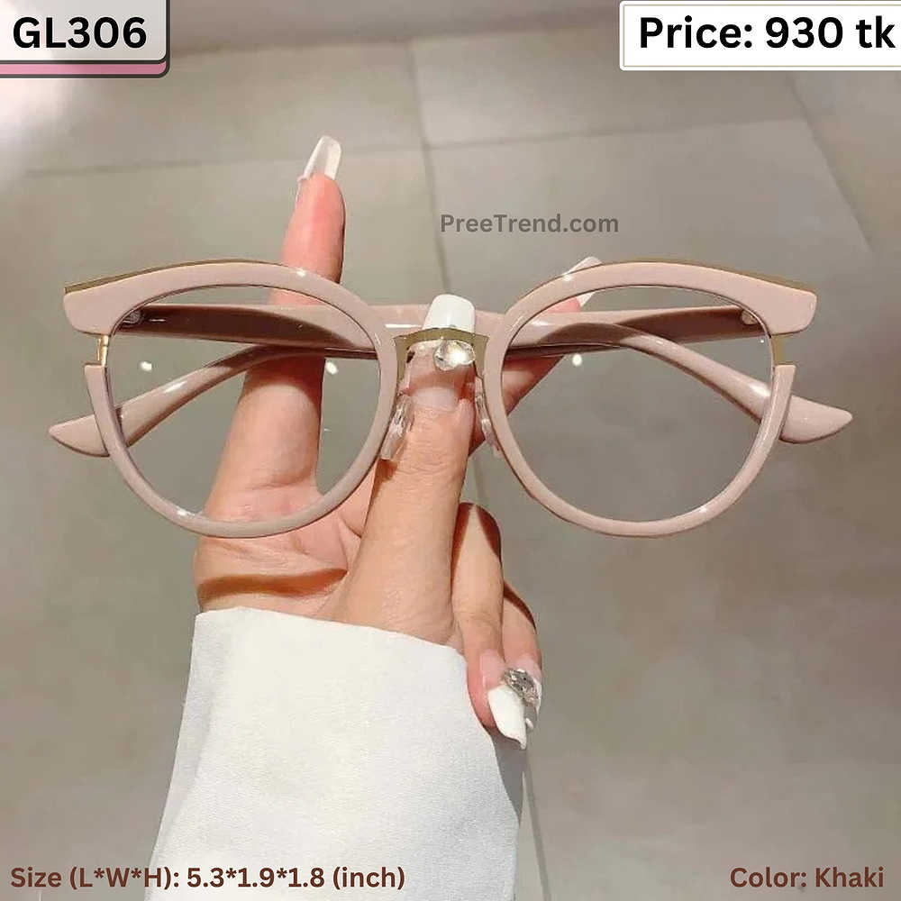 Khaki Round Cat Eye Plastic and Metal Frame Eyeglasses for Women – GL306