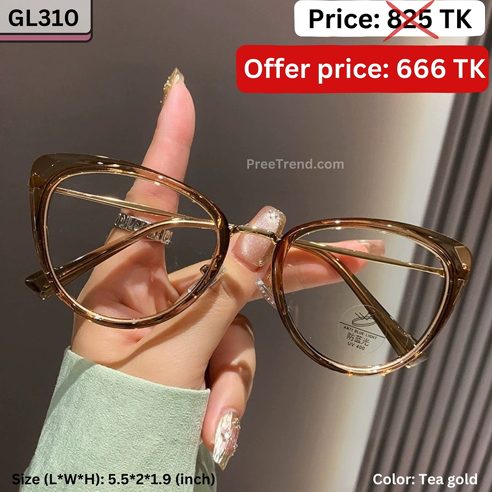 Transparent Tea Gold Round Cat Eye Plastic and Metal Frame Eyeglasses for Women β GL310
