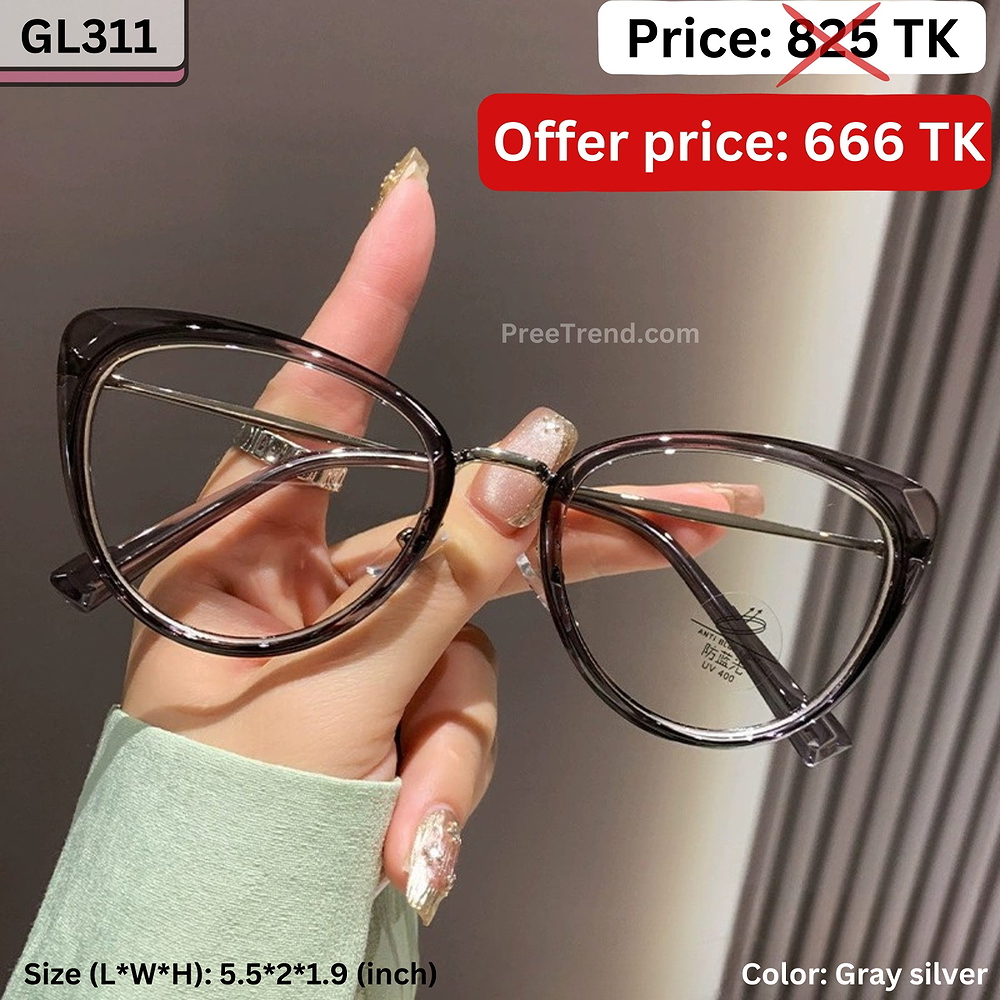 Transparent Gray Silver Round Cat Eye Plastic and Metal Frame Eyeglasses for Women & Men – GL311