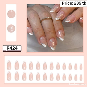 Printed Silver Glitter Swirl White Wave Outline Medium Almond Press On Nails (24 Pcs) - R424
