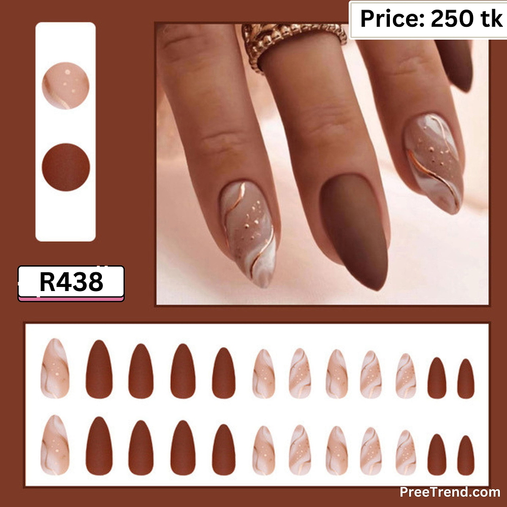 Printed Gold Outline Marble Swirl & Matte Chocolate Brown Almond Press On Nails (24 Pcs) - R438
