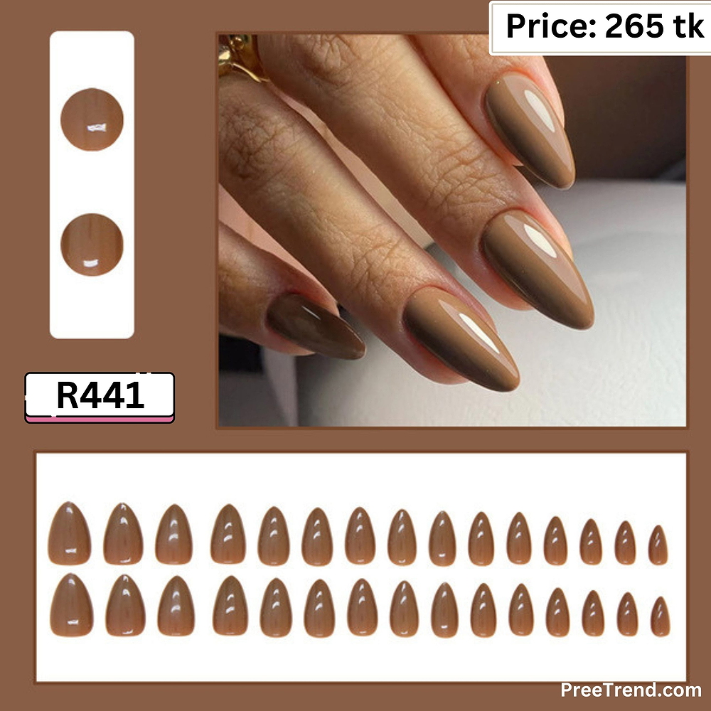 Glossy Solid Coffee Mocha Brown Medium Almond Press On Nails (24 Pcs) - R441