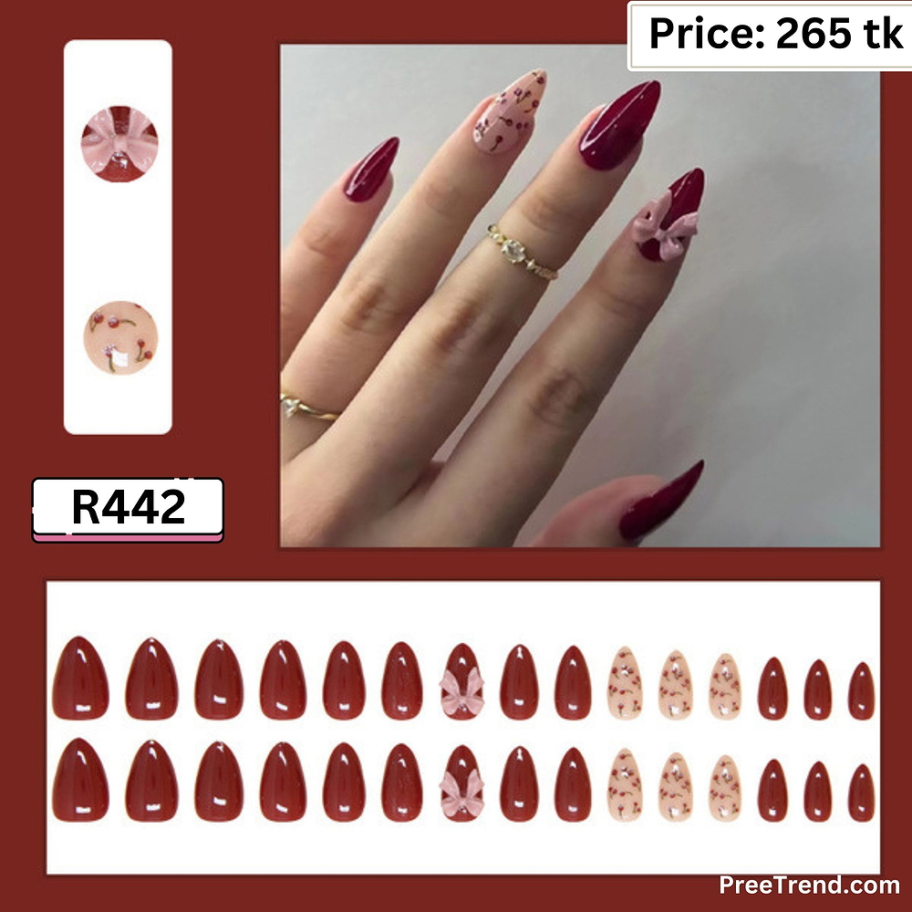 3D Pink Bow Charm Cherry Blossom Floral Wine Red Stiletto Press On Nails (24 Pcs) - R442