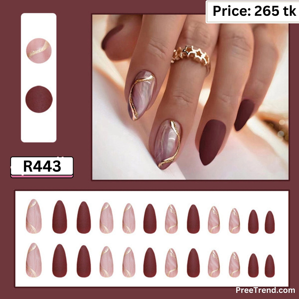 Printed Gold Wave Line Pink Marble Swirl & Matte Plum Almond Press On Nails (24 Pcs) - R443