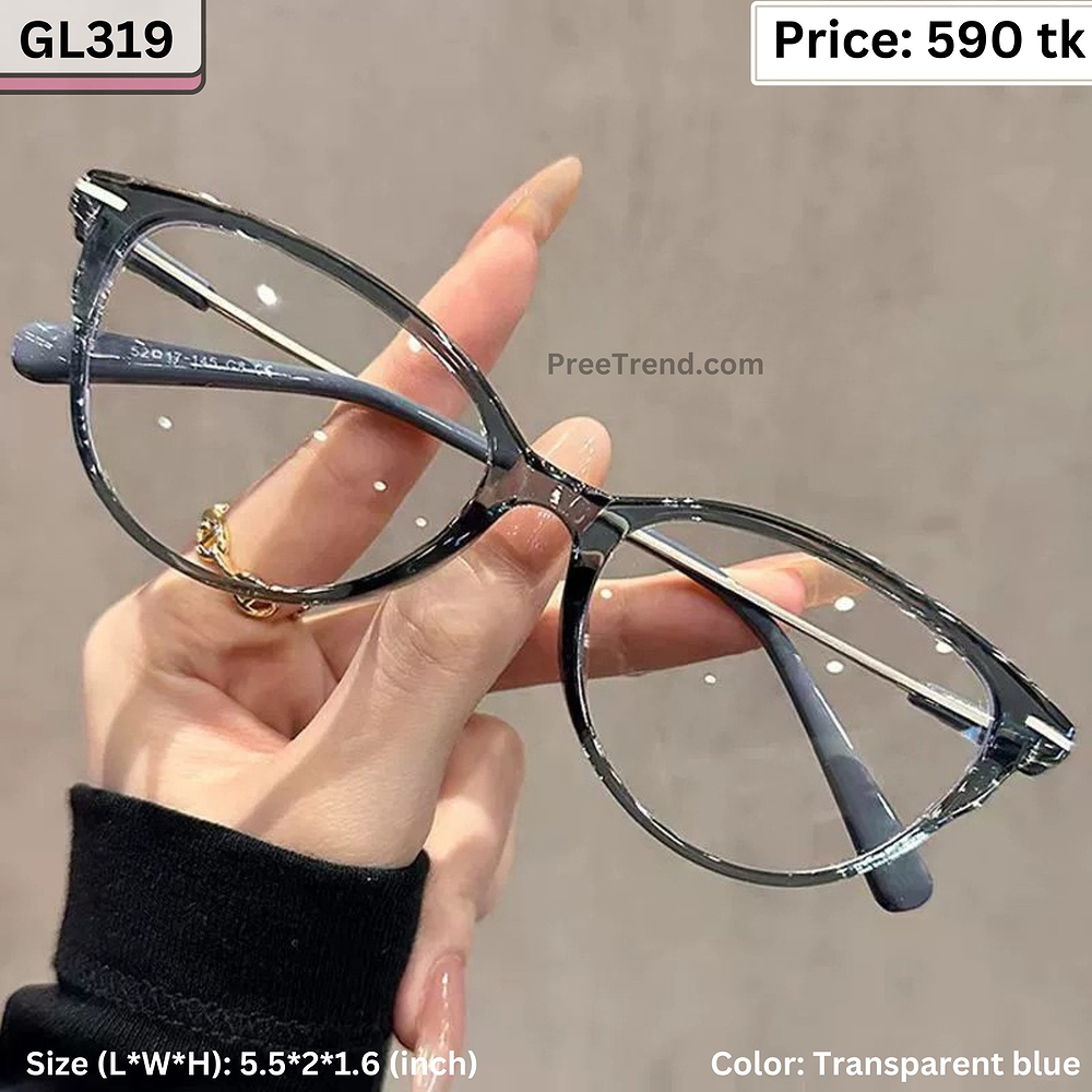 Transparent Blue Slim Cat Eye Plastic and Metal Frame Eyeglasses for Women & Men – GL319