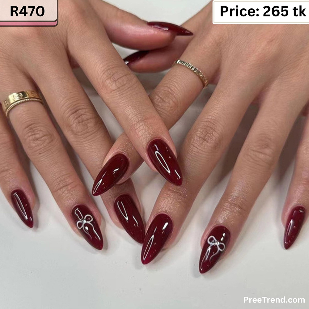 Printed Silver Bow Ribbon Cherry Burgundy Wine Almond Press On Nails (24 Pcs) - R470
