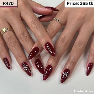 Printed Silver Bow Ribbon Cherry Burgundy Wine Almond Press On Nails (24 Pcs) - R470