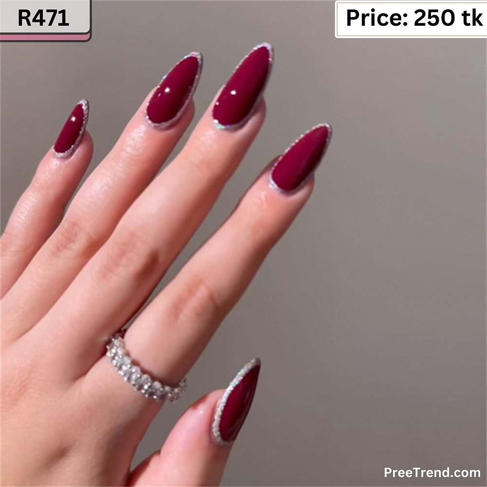 Printed Silver Glitter Border Outline Glossy Burgundy Red Stiletto Press On Nails (24 Pcs) - R471