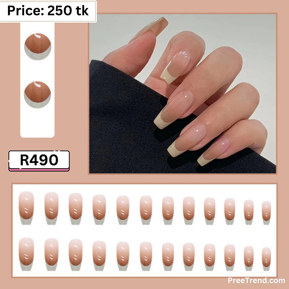 Printed Classic White French Tip Natural Nude Long Coffin Press On Nails (24 Pcs) - R490