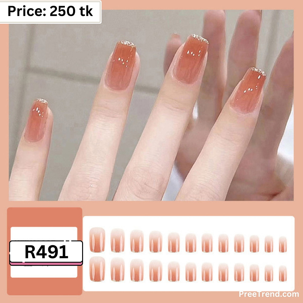 Printed Silver Micro Glitter Line Peach Nude Short Square Press On Nails (24 Pcs) - R491