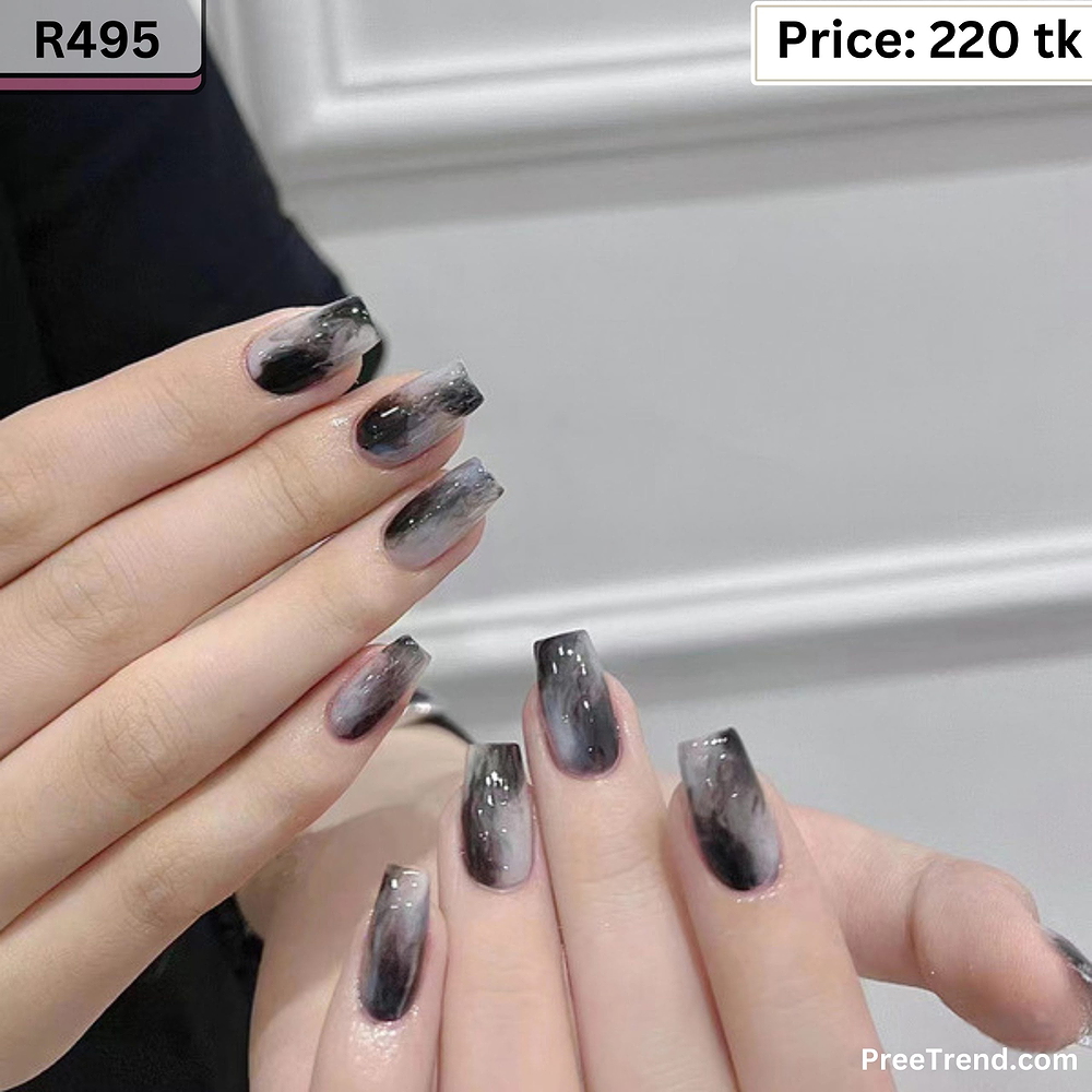 Printed Black & White Smokey Ink Marble Short Square Press On Nails (24 Pcs) - R495