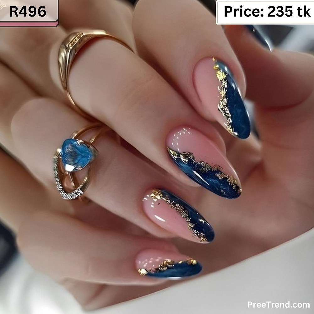 Printed Gold Foil Flakes Royal Blue Marble Medium Almond Press On Nails (24 Pcs) - R496