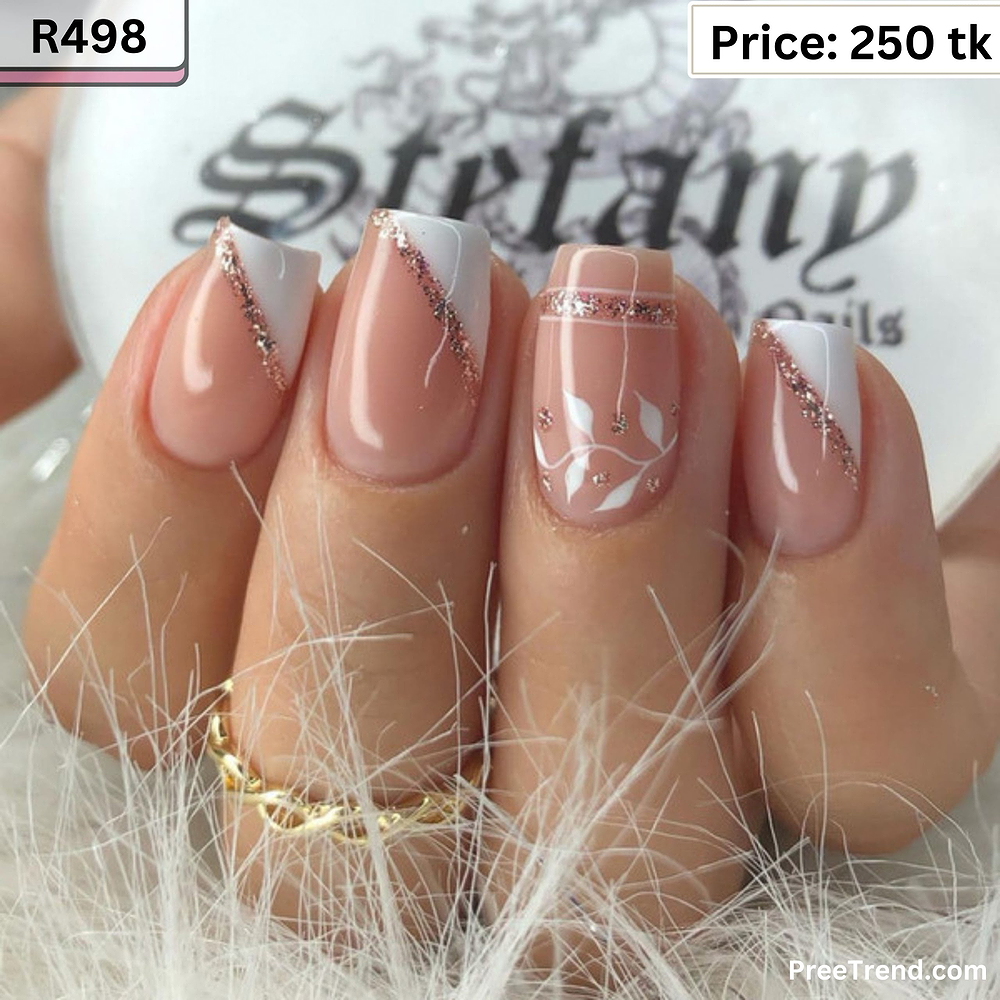 Printed Silver Glitter Side French & White Floral Vine Sheer Nude Medium Square Press On Nails (24 Pcs) - R498