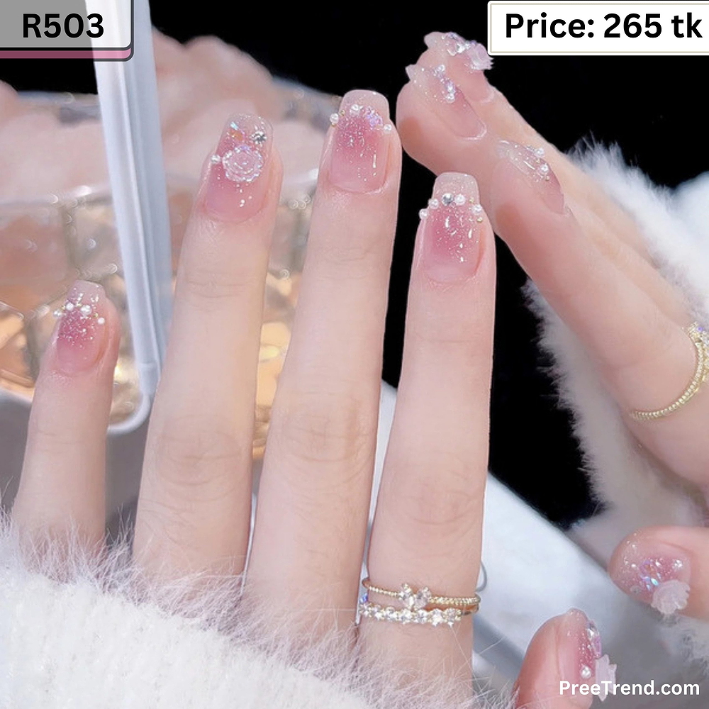 3D Pearl Arc & Camellia Flower Pink Jelly Glitter Medium Square Press On Nails (24 Pcs) - R503