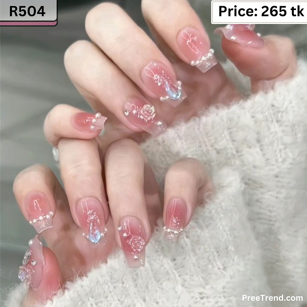 3D Waterdrop Gem Rose Flower & Pearl French Sheer Pink Medium Square Press On Nails (24 Pcs) - R504