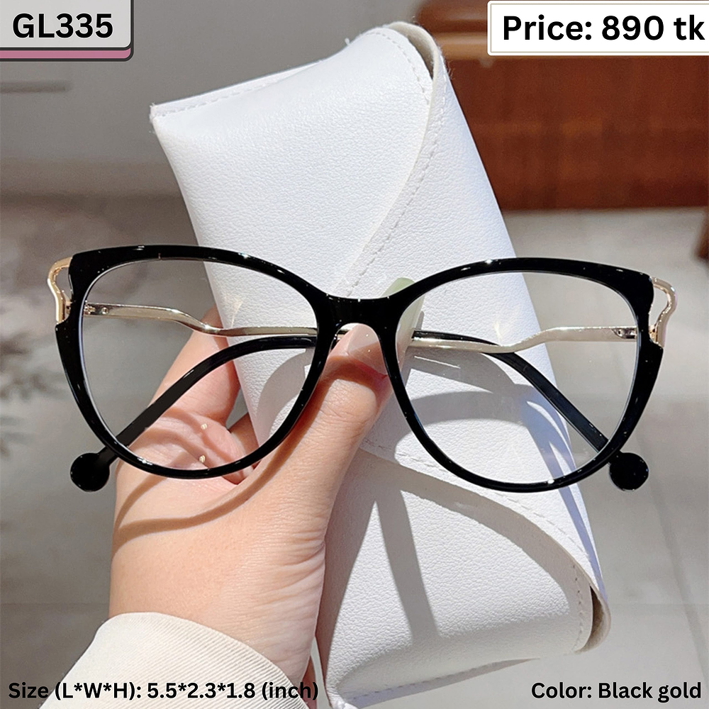 Glossy Black Cat Eye Plastic Frame with Gold Accent Eyeglasses for Women – GL335