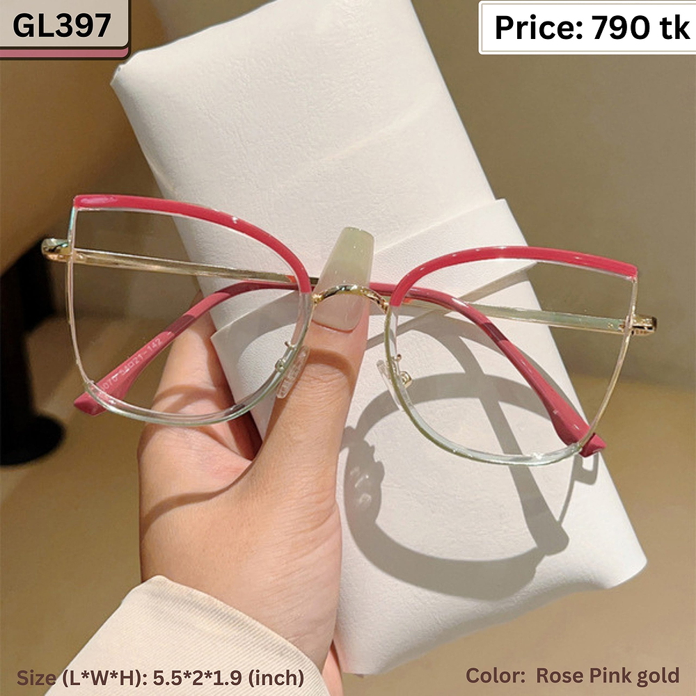 Rose Pink and Gold Half-Rim Cat Eye Metal Frame Eyeglasses for Women – GL397