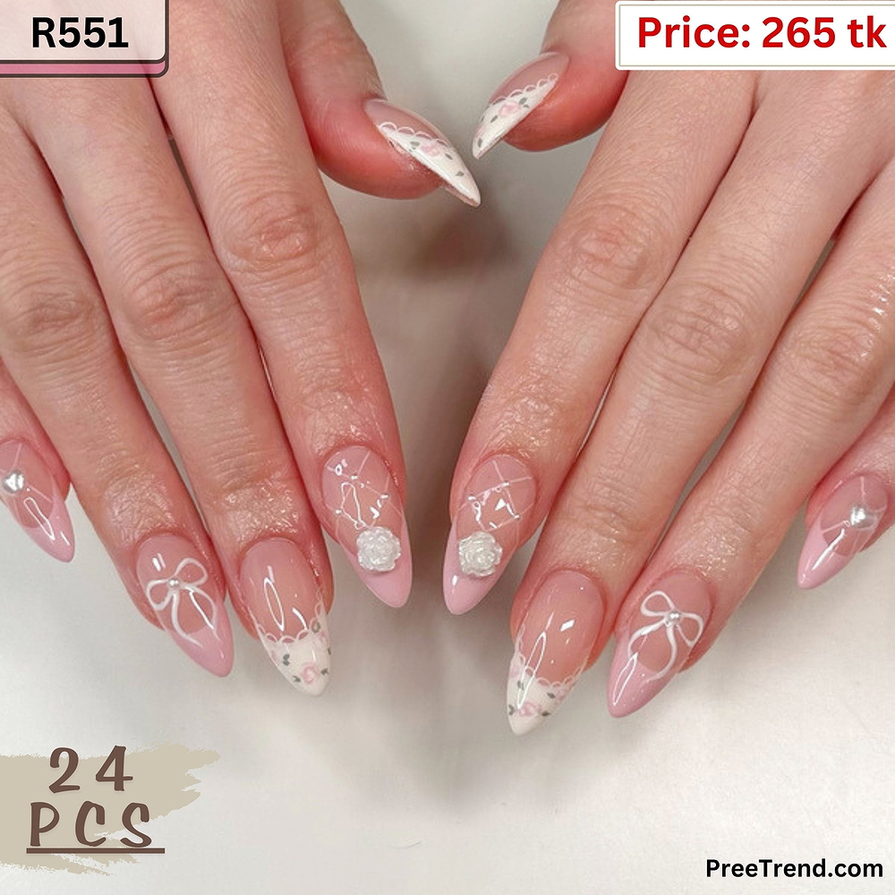 3D Rose Camellia & Pearl Heart Ballet Ribbon Lace French Medium Almond Press On Nails (24 Pcs) - R551