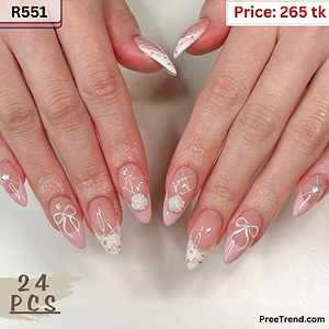 3D Rose Camellia & Pearl Heart Ballet Ribbon Lace French Medium Almond Press On Nails (24 Pcs) - R551