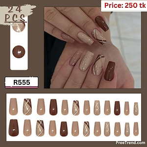 Printed Geometric Lines & Gold Glitter Coffee Mocha Brown Medium Coffin Press On Nails (24 Pcs) - R555