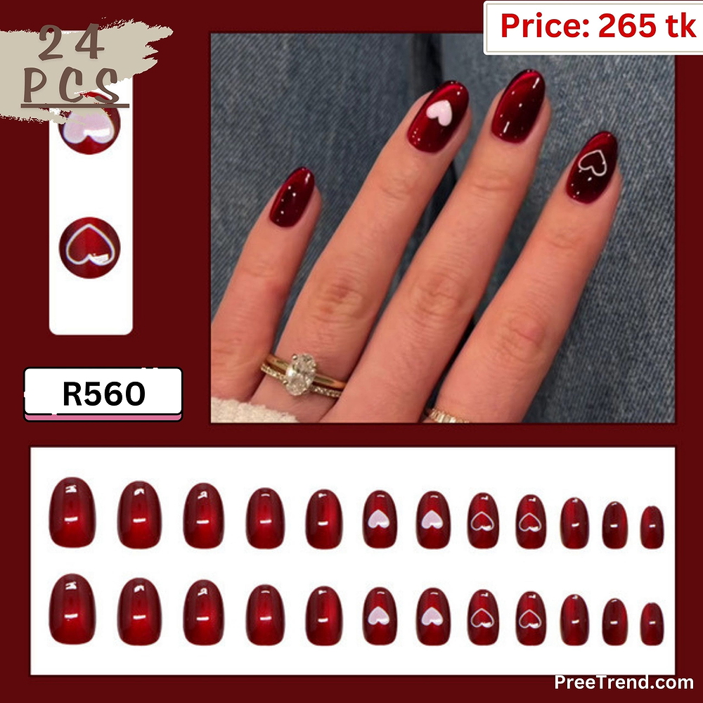 Printed White Heart Outline Glossy Ruby Wine Red Cat Eye Short Oval Press On Nails (24 Pcs) - R560