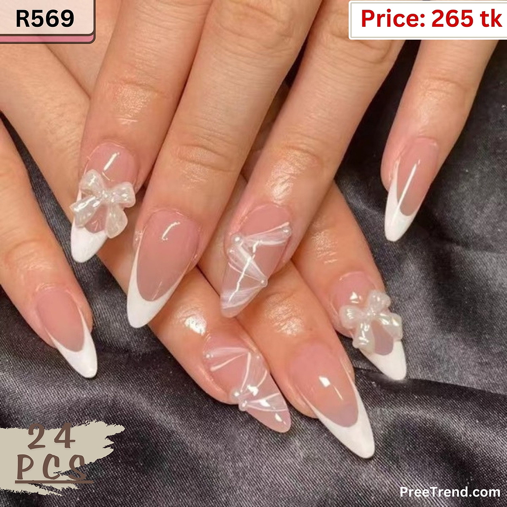 3D White Ribbon Bow Charm Ballet Slipper French Tip Sheer Pink Medium Almond Press On Nails (24 Pcs) - R569