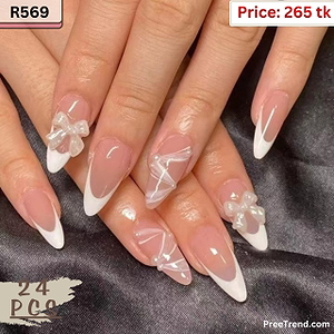 3D White Ribbon Bow Charm Ballet Slipper French Tip Sheer Pink Medium Almond Press On Nails (24 Pcs) - R569