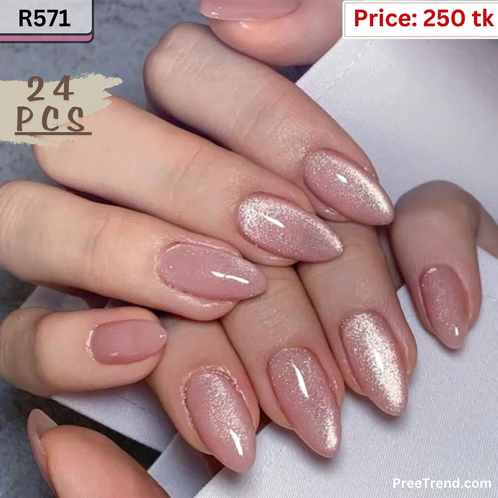 Glossy Soft Pink Velvet Cat Eye Magnetic Shimmer Medium Almond Press On Nails (24 Pcs) - R571