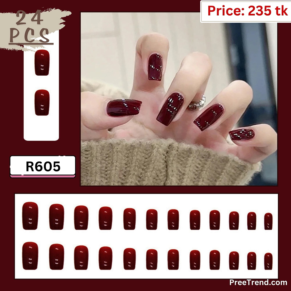 Glossy Solid Deep Wine Burgundy Red Medium Square Press On Nails (24 Pcs) - R605