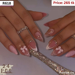 3D White Ribbon Bow Charm Rhinestone Cuff French Pink Sugar Glitter Almond Press On Nails (24 Pcs) - R618