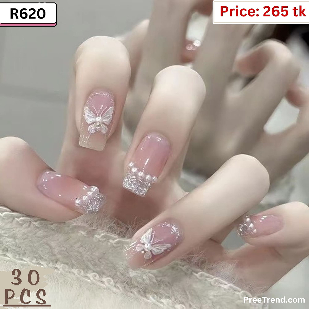 3D Pearl Butterfly Charm Glitter Cuff French Sheer Nude Square Press On Nails (30 Pcs) - R620