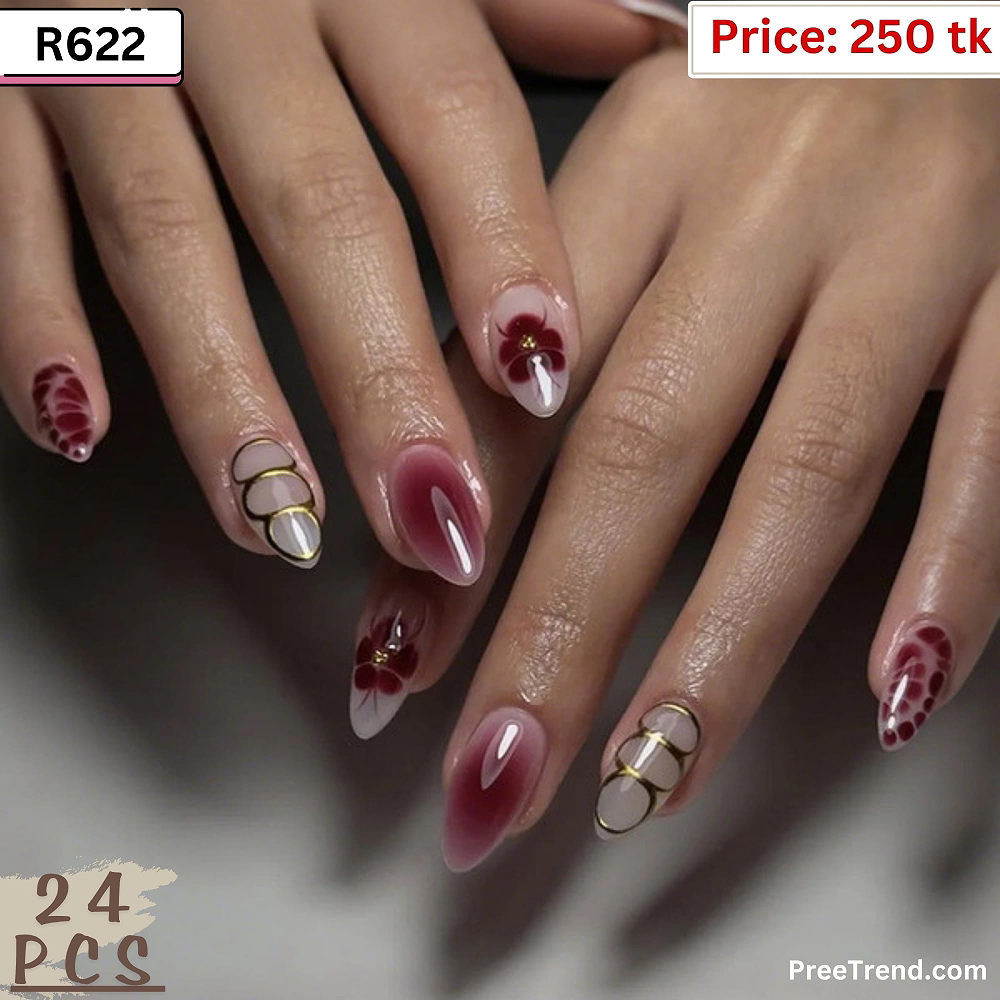 Printed Gold Wave Line Burgundy Floral Butterfly Plum Ombre Almond Press On Nails (24 Pcs) - R622