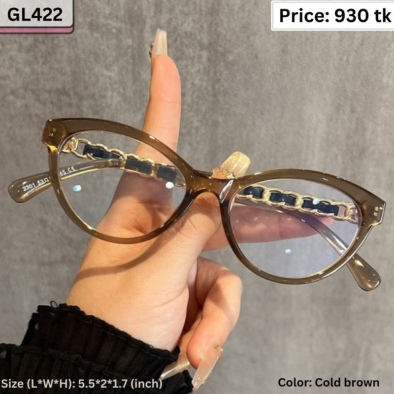 Transparent Cold Brown Cat Eye Plastic Frame with Chain Detail Eyeglasses for Women – GL422