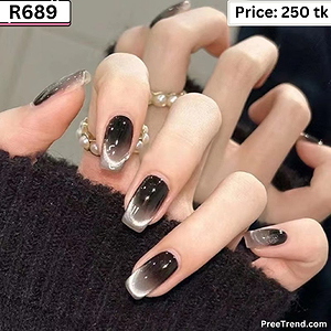 Glossy Deep Black Silver Velvet Cat Eye Short Square Press On Nails (24 Pcs) - R689