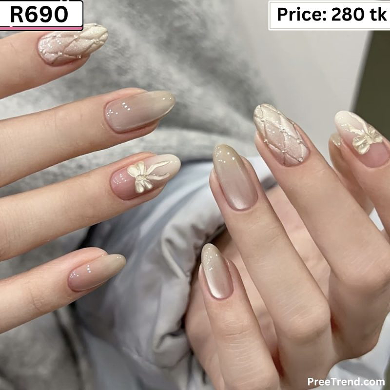 3D Quilted Texture & Ribbon Bow Champagne Pearl Glaze Long Coffin Press On Nails (24 Pcs) - R690