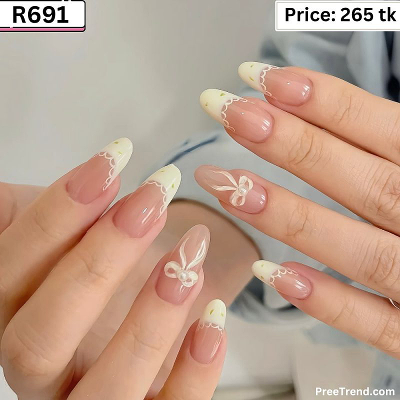 3D Pearl Accent Lace Bow French Tip Milky Nude Medium Square Press On Nails (24 Pcs) - R691