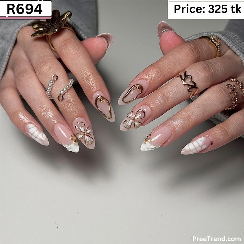 3D Gold Flower Wire Frame & White Plaid French Sheer Almond Press On Nails (24 Pcs) - R694