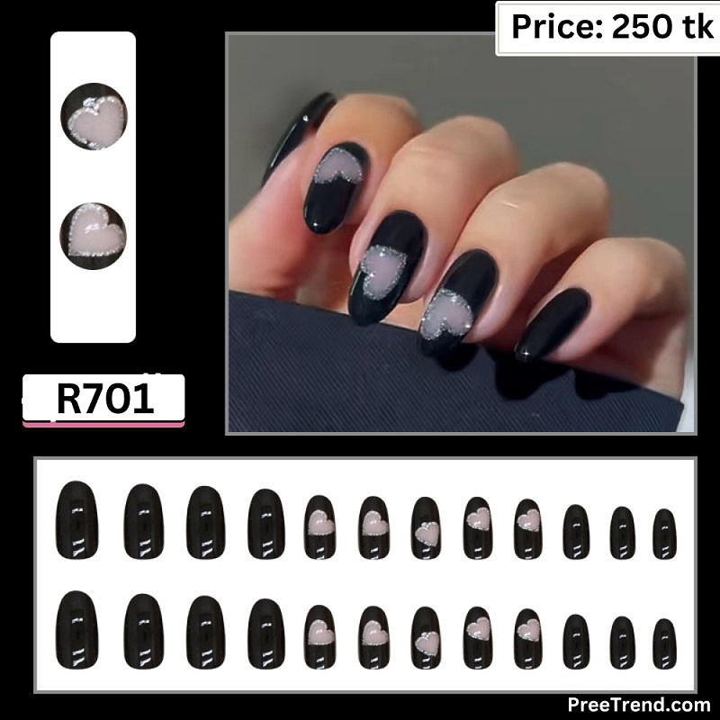 Printed Silver Glitter Outline Heart Accent Glossy Jet Black Short Oval Press On Nails (24 Pcs) - R701