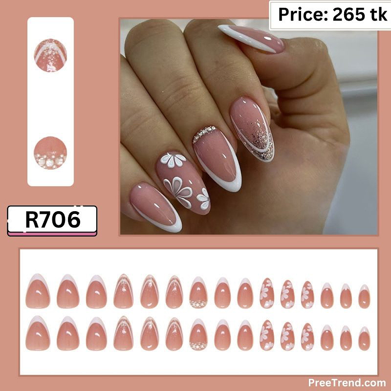 3D Crystal Rhinestone Cuff Line White Floral French Sheer Pink Almond Press On Nails (24 Pcs) - R706