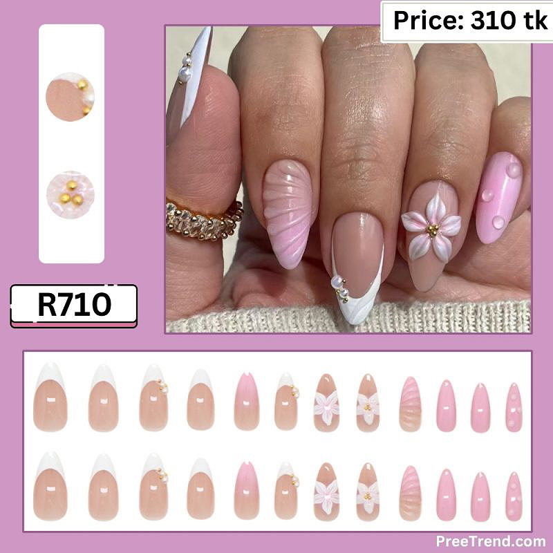 3D Flower Pearl Beads & Textured Seashell Ocean Glaze Almond Press On Nails (24 Pcs) - R710