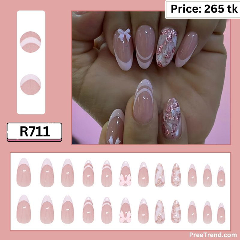 3D Pink Bow Charm Rose Gold Marble French Tip Sheer Almond Press On Nails (24 Pcs) - R711