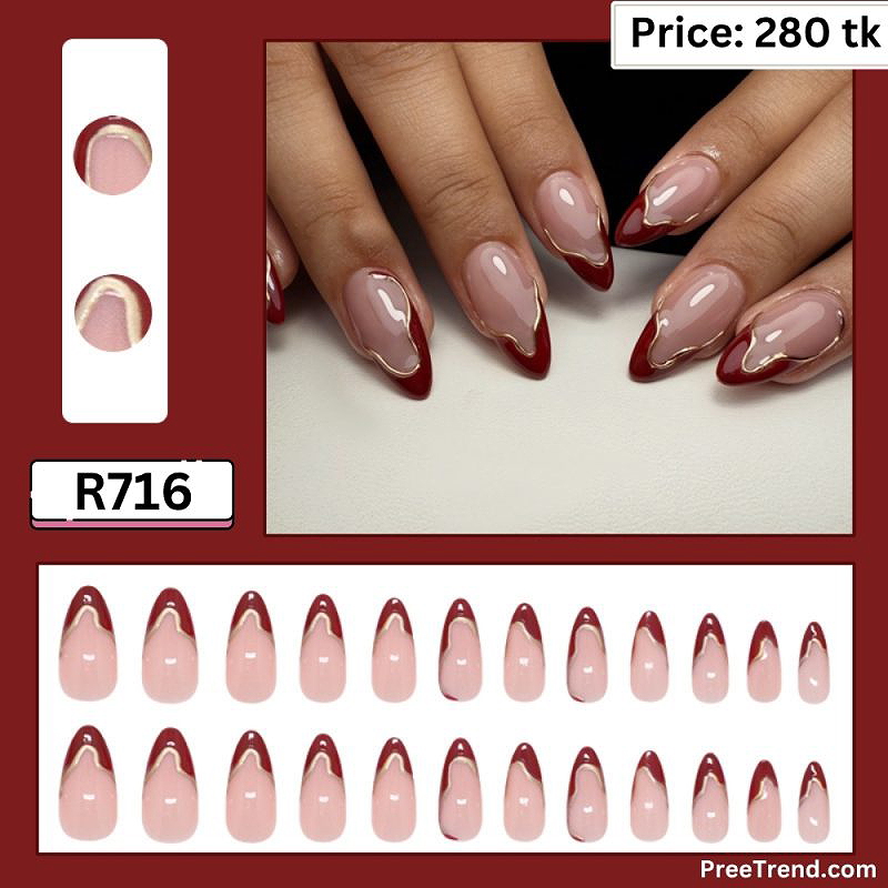 Printed Gold Wave Line Dark Crimson Red French Tip Milky Nude Almond Press On Nails (24 Pcs) - R716