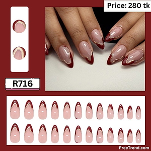 Printed Gold Wave Line Dark Crimson Red French Tip Milky Nude Almond Press On Nails (24 Pcs) - R716